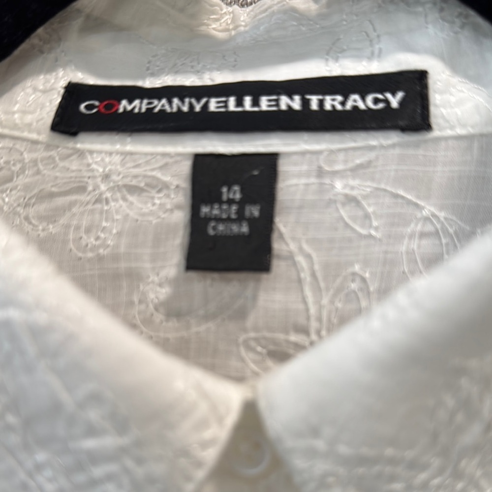Ellen Tracy 100%Cotton Floral Embroidered White Button Down Shirt Size 14 - Picture 2 of 8